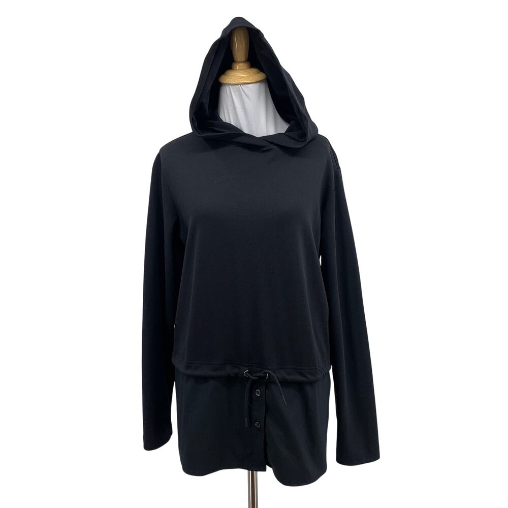 Athleta Hoodie Top Womens S Small Black Gallery Layered Cowl Neck Tie Waist